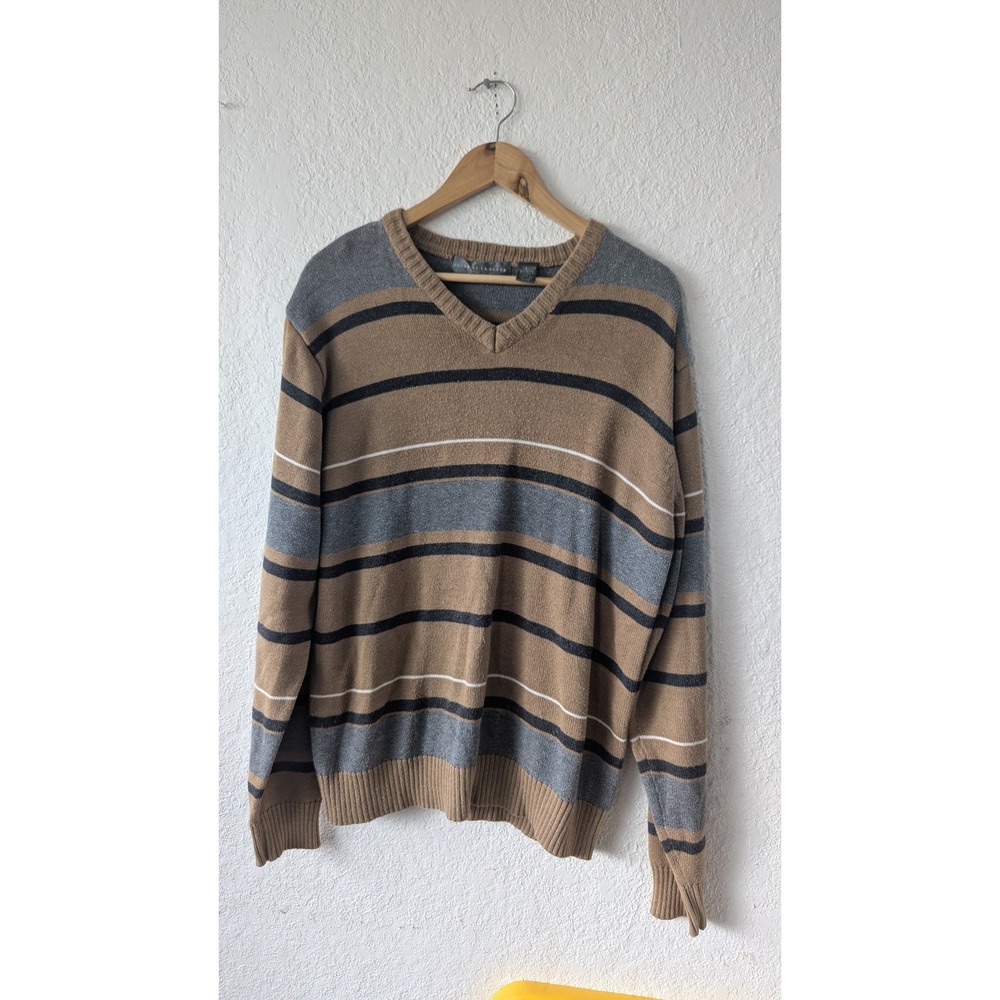 Oscar de la Renta Mens V-Neck Striped Sweater Tan Grey Black‎ Cotton Blend Large